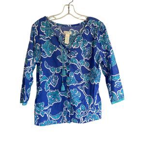 Caribbean Joe Blue Aqua Tropical button up Blouse Cruise Wear Women's Small